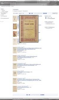 Ergebnisliste für die Kategorie „Ostasiatica“ mit Tooltip-Vorschau eines Titelblattes